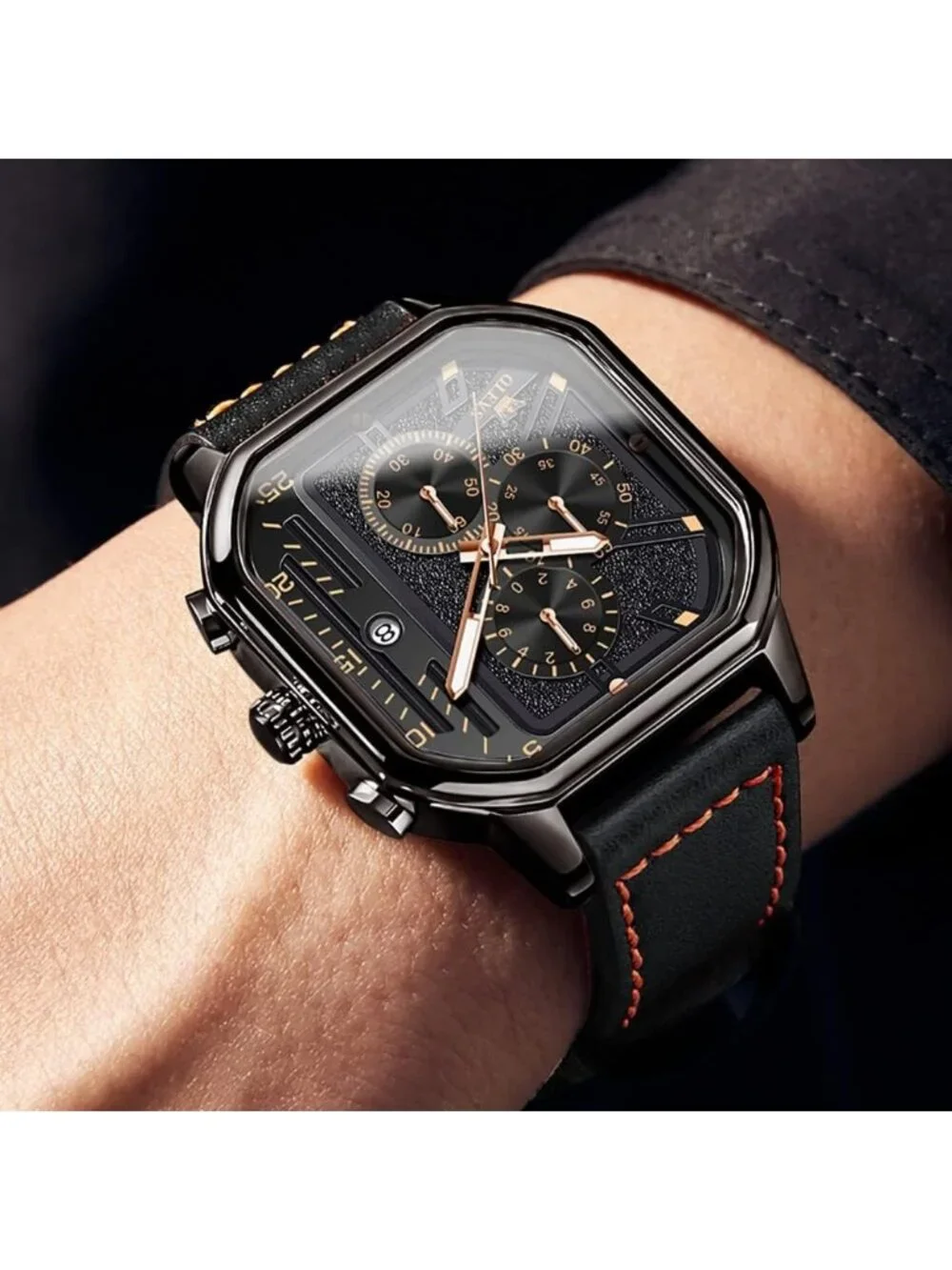 Men's Black Quartz Leather Strap Waterproof Casual Trendy Square Dial Watch